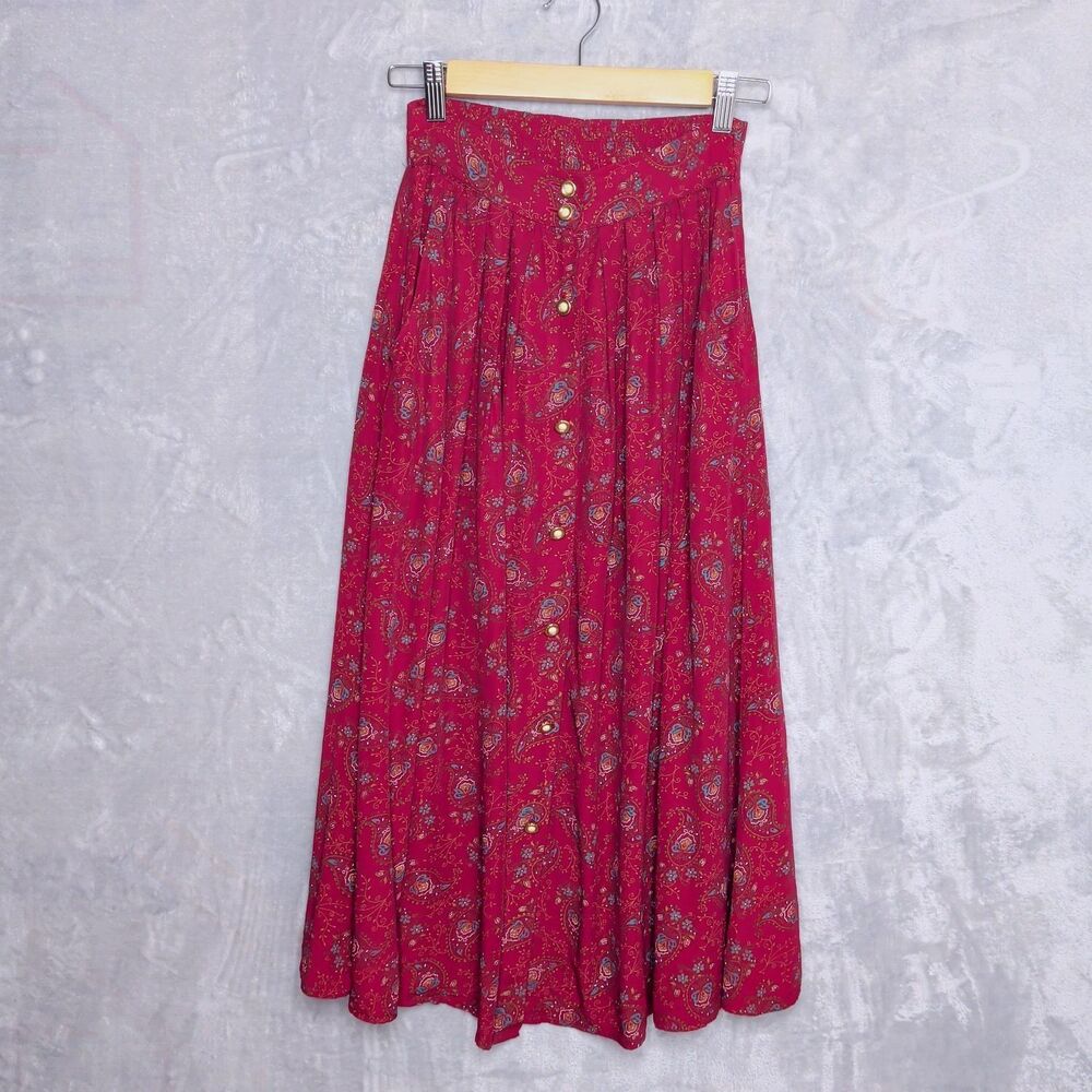 Vintage FRITZI Burgundy Paisley Midi Skirt Size S Button Down Pockets Pull On